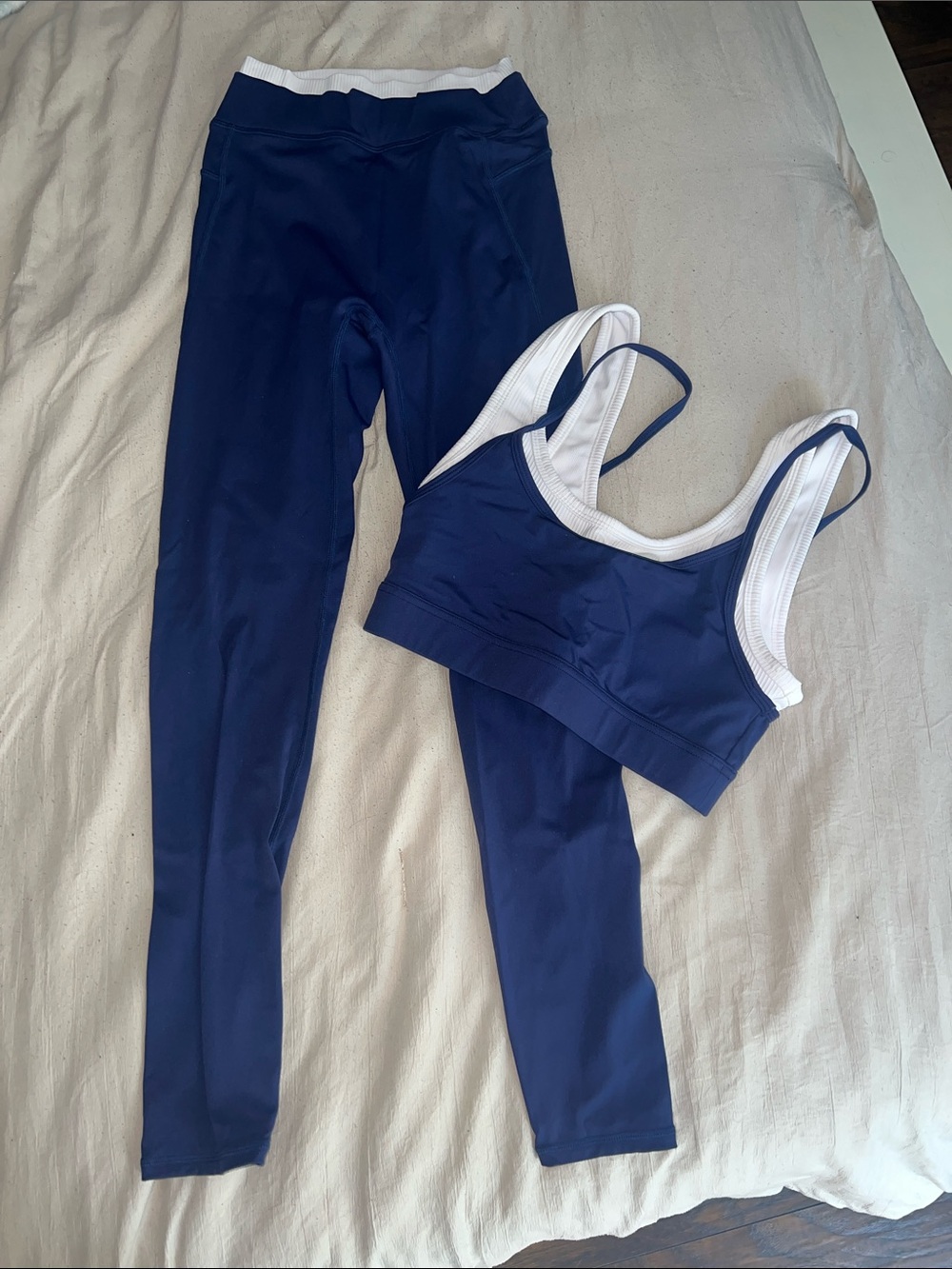 Navy Blue Active Leggings and Sports Bra Set with White Trim